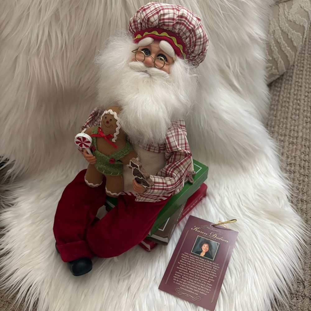 Karen Didion Gingerbread Cookie Santa Sitting on Cookbook Stack Doll Figure